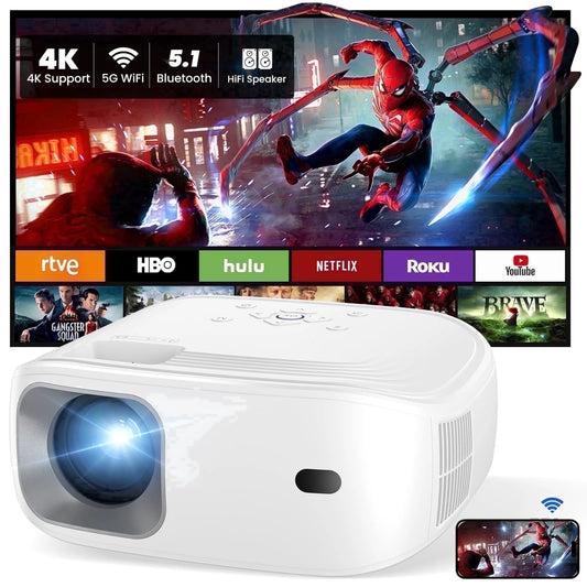 Portable Mini Projector with Wifi and Bluetooth and Speaker, Native 1080P 4K Support Projector for Home Theater, Camping and Outdoor Movies